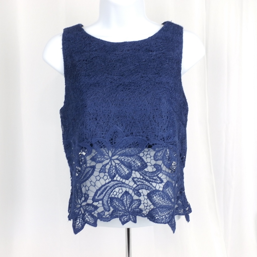 Alythea Fitted Blue Crop Top Lace Overlay NWT S